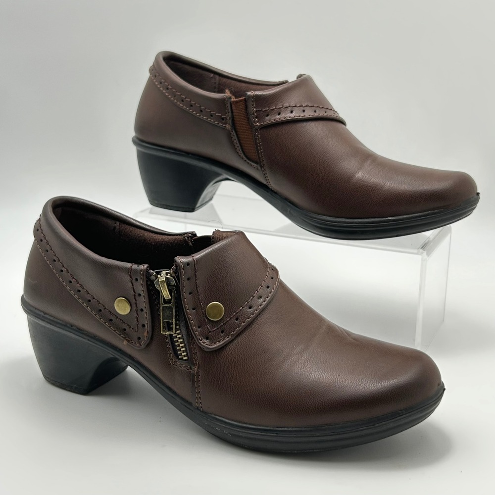 White Mountain Heeled Loafers Womens 6.5 Brown Side Zip Block Heel Dark Academia